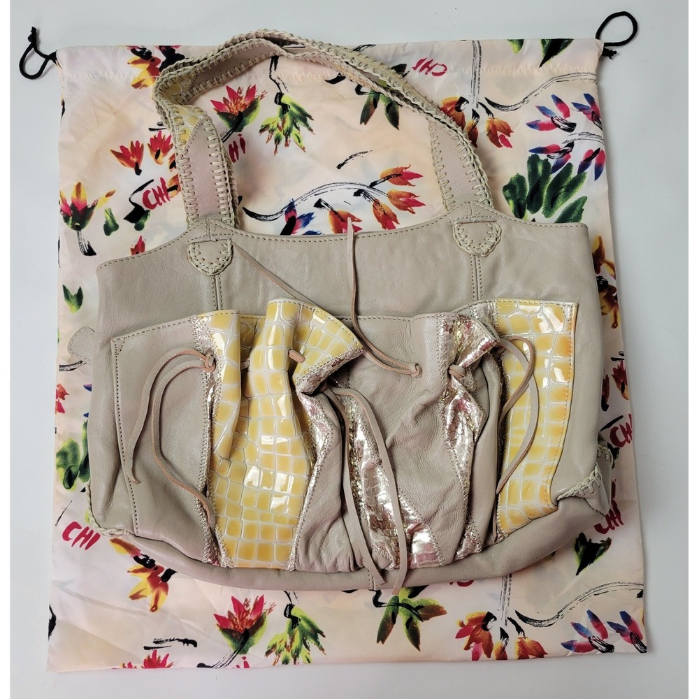 Chi Snake Collage Satchel Bag Taupe Leather Patent Whipstitch Shoulder Bag